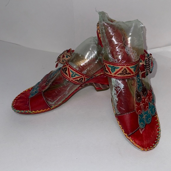 Corky's Elite leather Hand painted Sandal Navajo Size 8 Red Bohemian - Picture 2 of 16